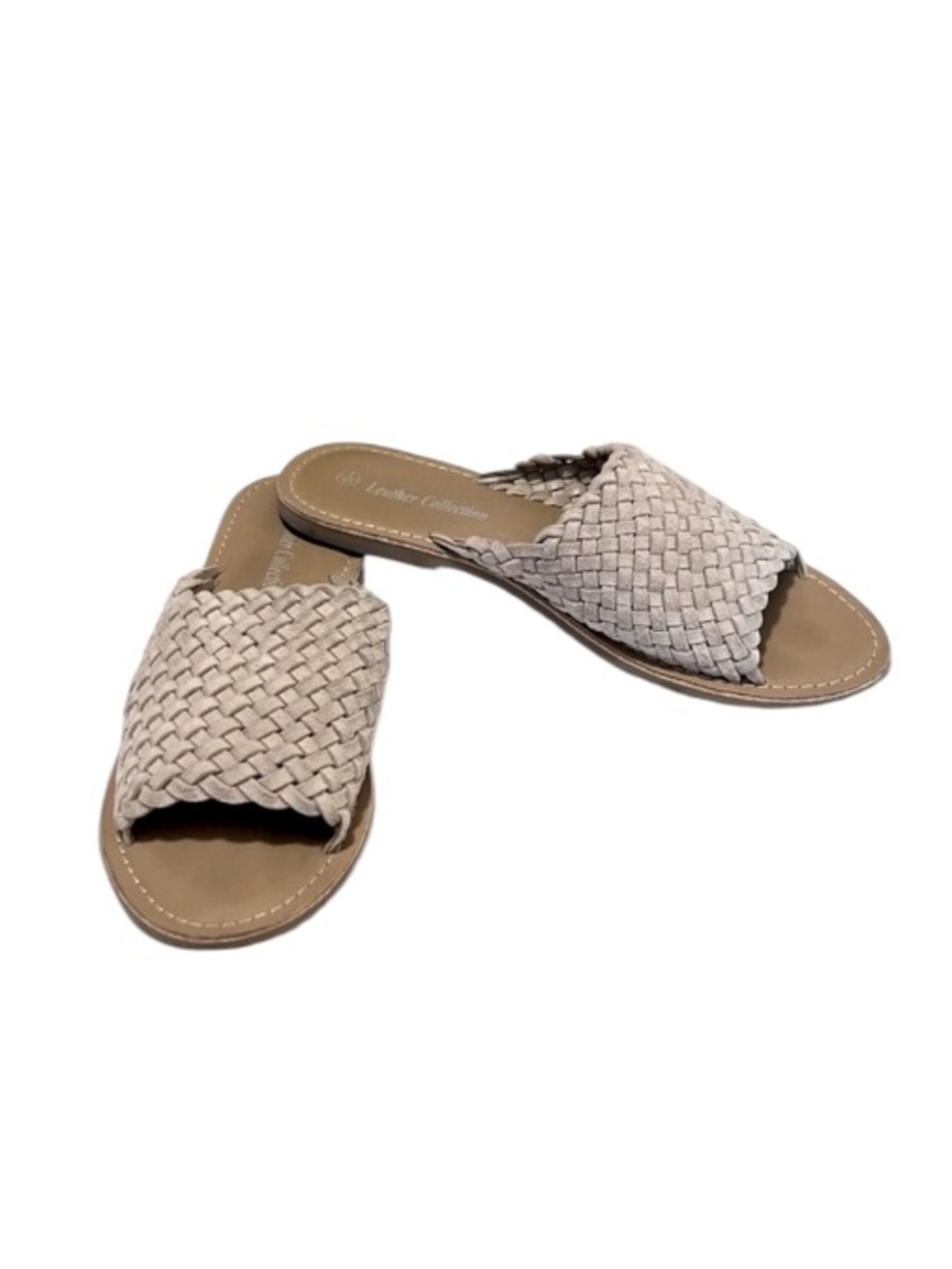 Leather Collection Women’s Tan Beige Woven Suede Leather Flat Mule Slide Sandals